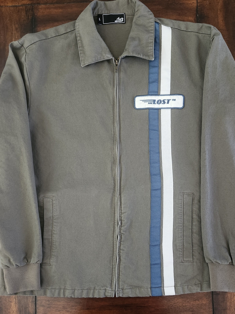 Original Vintage Lost Enterprises Jacket with Blue & White Racing Stripe Large